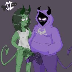 anthro balls big_balls big_penis blush blush_lines comparing comparing_penis demon demondraws duo genitals glowing glowing_eyes green_hair green_penis hair hairy_legs horn humanoid_genitalia humanoid_penis kaze_(demondraws) male male/male no_pupils penis penis_size_difference purple_body purple_penis purple_skin smile smirk tail toni_(demondraws)