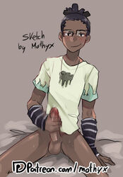 1boy blush dark_skin erection glasses male male_only masturbation mothyx penis sitting smile solo soul_eater sweat