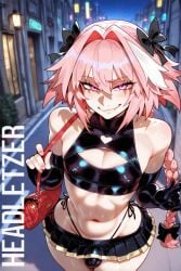 1boy ai_generated astolfo_(fate) bulge cleavage_cutout crop_top femboy headletzer light-skinned_femboy looking_at_viewer miniskirt pink_hair solo street tagme thong