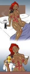 aeolus06 arm_around_neck arm_around_waist bed black_hair blush chibi coffee commission commissioner_upload completely_nude cornrows cross dark-skinned_male deus_(mr_deus_vult) full_body grabbing_arm helmet inverted_cross mr_deus_vult multicolored_hair nambi_(mr_deus_vult) nude pierced_nipples piercing red_hair six_pack smaller_male smile tattoo toned_female waist_up waking_up