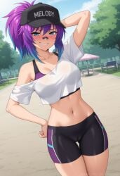 1girls ai_generated ambrose arm_up baseball_cap bike_shorts blue_eyes blush breasts cameltoe crop_top female hand_behind_head hand_on_hip hat medium_breasts melody_(projektmelody) model_pose multicolored_hair off-shoulder_shirt outdoors ponytail posing projektmelody self_upload shorts smug_face solo sports_bra stable_diffusion virtual_youtuber vshojo vtuber
