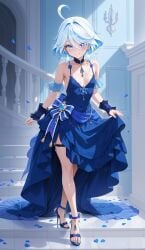 ai_generated blue_dress dress elegant elegant_dress feet flat_chest flat_chested furina_(genshin_impact) genshin_impact heterochromia hoyoverse mihoyo open_toe_shoes small_breasts toes