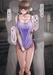 2boys after_sex blush breasts brown_eyes brown_hair condom condom_belt cum cum_in_pussy cumdrip female girls_und_panzer large_breasts lockheart4545 looking_at_viewer mature_female netorare nishizumi_shiho older_woman_and_younger_man outdoors prostitution straight translation_request used_condom