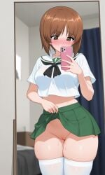 ai_generated bedroom blush brown_hair girls_und_panzer holding_phone midriff mirror mirror_reflection mirror_selfie nishizumi_miho ooarai_school_uniform pixai pussy_juice school_uniform schoolgirl self_upload serafuku skindentation skirt_lift tagme thick_thighs thighhighs vaginal_fluids