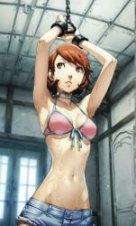 ai_generated armpits arms_up bedroom bikini bondage brown_eyes brown_hair chained_up chains daisy_dukes denim_shorts female helpless narrow_waist persona persona_3 shackles skinny slender_waist slim_waist sweat swimsuit wet_body yukari_takeba