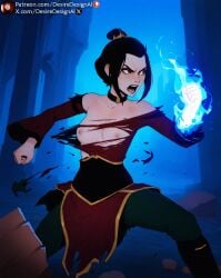 ai_generated angry avatar_the_last_airbender azula bare_shoulders black_choker black_hair blue_fire breasts brown_eyes choker clenched_hand clothing desiredesignai female female_only fighting_stance fire hair_bun hi_res high_quality high_resolution highres looking_at_viewer magic makeup medium_breasts nickelodeon nipples no_bra open_mouth outdoors pants short_hair single_hair_bun small_breasts solo stable_diffusion tied_hair torn_clothes torn_shirt