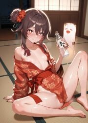 ai_generated black_nails bun_hair genshin_impact hoyoverse hu_tao_(genshin_impact) kimono loose_clothes mihoyo night nip_slip open_legs side_bun small_breasts spread_legs spreading summer sweat sweaty sweaty_body yukata