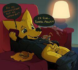 anthro apis blush bottomless burger canine clothed clothing cum cute english_text erection food foreskin fox furry furry_only gregg_(nitw) heart male male_only mammal night_in_the_woods no_humans penis small_penis sofa solo text uncut