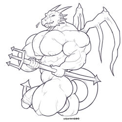 anthro balls bara dragon flaccid greyscale horn humanoid_penis male male_only melee_weapon monochrome muscular muscular_male nipples nude penis polearm smile solo sxf-pantera sxfpantera trident weapon wings