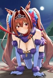 ai_generated animal_ears breasts collar daiwa_scarlet_(umamusume) female hips horse_girl mash_kyrielight_(dangerous_beast)_(cosplay) pussy red_eyes ribbon_in_hair tiara twintails umamusume umamusume_pretty_derby