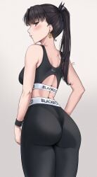 ass big_breasts black_hair black_pants black_sports_bra blacked blacked_clothing blush bracelet breasts earrings edit english_text fate fate_(series) female female_only ishtar jewelry looking_at_viewer piercing ponytail queen_of_spades red_eyes ryudraw_(artist) snowbunny solo sports_bra sportswear text thighs third-party_edit