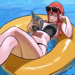 1girls absurdres afloat bare_legs bikini black_bikini book braid breasts chainsaw_man crossed_legs eyewear_on_head feet_out_of_frame female highres holding holding_book large_breasts legs makima_(chainsaw_man) medium_hair navel pochita_(chainsaw_man) reading red_hair single_braid solo stomach sunglasses swimsuit yellow_eyes yellow_innertube zeon_(zzeeonn)