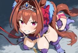 ai_generated animal_ears breasts collar daiwa_scarlet_(umamusume) female hips horse_girl mash_kyrielight_(dangerous_beast)_(cosplay) pussy red_eyes ribbon_in_hair tiara twintails umamusume umamusume_pretty_derby