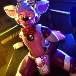 1boy 1femboy 3d absurd_res animatronic anthro anthro_male anthro_only arm_support balls blender_(artwork) blurred_background bodily_fluids bow_tie canid canine cum cum_drip cum_on_penis digital_media_(artwork) dripping ejaculation erection femboy five_nights_at_freddy's five_nights_at_freddy's:_sister_location fox funtime_foxy_(fnaf) furniture furry furry_male furry_only genital_fluids genitals glowing glowing_eyes handjob hi_res humanoid_genitalia humanoid_penis jizzyfox machine male mammal masturbation no_females no_humans on_table penile penis red_bow_tie robot robot_anthro scottgames sex sister_location sitting sitting_on_table solo solo_male spread_legs spreading table tail watermark yellow_eyes