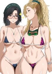 2d 2girls alma_(monster_hunter_wilds) bikini blonde_pubic_hair blush breast_envy clothed clothed_female female gemma_(monster_hunter_wilds) glasses hews_hack huge_breasts large_breasts long_hair looking_at_another looking_at_viewer micro_bikini monster_hunter monster_hunter_wilds pubic_hair pubic_hair_peek sweat