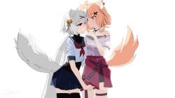 2girls ahoge animal_ear_fluff animal_ears bangs black_legwear black_skirt blush choker filian_(vtuber) fox_tail hair_ornament kissing multiple_girls neckerchief plaid_skirt pleated_skirt purple_eyes red_eyes sailor_collar school_uniform shirt short_hair short_sleeves signature silver_hair skirt squchan_(vtuber) striped tail thigh_strap thighhighs vyugen white_shirt yuri