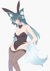 blue_hair bunny_ears bunny_girl bunnysuit embarrassed embarrassed_female fluffy_tail fox_ears fox_girl green_hair hands_on_hips honkai:_star_rail skimpy_clothes stockings tail unfamousradish yukong_(honkai:_star_rail)