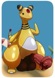 2025 ampharos animal_genitalia animal_penis anthro balls beach big_balls big_penis biped black_eyes day eyelashes forehead_gem froggkingg gem generation_2_pokemon genitals hi_res huge_balls huge_cock male mouth_closed nintendo outside penis pokemon pokemon_(species) red_gem sand solo standing tail umbrella yellow_body