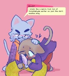 1boy ambiguous_gender anthro blue_eyes blush blushing brown_fur cat_ears cat_tail cellist_(jazztronauts) clothed dialogue feline feline_genitalia feline_penis fellatio fully_clothed furry garry's_mod genitals giving_head grey_fur holding_head jazztronauts licking_penis mouth_open open_mouth oral oral_sex orange_eyes penis_through_clothing pink_background pulsatingmass saliva_on_penis simple_background singer_(jazztronauts) sucking sucking_penis tail text text_bubble zipper_down