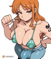 1girl ai_generated arm_tattoo blue_jeans covered_nipples dutch_angle futanari green_bikini hand_on_own_hip highleg_bikini huge_breasts huge_bulge looking_at_viewer nami_(one_piece) one_piece orange_eyes orange_hair plump thick_thighs thronart wide_hips