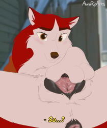 absurd_res anatomically_correct anatomically_correct_genitalia anatomically_correct_vulva animal_genitalia animal_vulva anus aurapuparts balto_(series) blush bodily_fluids canid canine canine_genitalia canine_vulva canis dark_anus dark_vulva dialogue digital_media_(artwork) domestic_dog english_text female feral fur genital_fluids genitals hair hi_res husky inviting_to_sex inviting_viewer jenna_(balto) kerchief looking_at_viewer mammal neckerchief neckwear nordic_sled_dog orange_eyes red_body red_fur solo spitz spread_vulva spreading text universal_studios urethra vulva white_body white_fur
