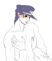 1boy blush jojo's_bizarre_adventure jotaro_kujo male male_nipples male_only muscular_male nude_male solo stardust_crusaders touching_chest