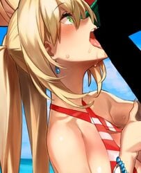 92m bare_shoulders bikini blonde_hair bracelet censored cloud earrings fate/grand_order fate_(series) fellatio female green_eyes jewelry nero_claudius_(fate) nero_claudius_(swimsuit_caster) oral saliva sky striped striped_bikini swimsuit twintails water