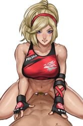 1boy 1girls abs absurd_res anon blonde_female blonde_hair blue_eyes bottomless cowgirl_position female female_focus front_view gloves hi_res lidia_sobieska male miracleseedlin1 muscular_female pantsless polish_female ponytail pov red_gloves red_headband red_tank_top riding_penis scar scar_across_eye scar_on_face sex simple_background solo_focus tekken tekken_7 tekken_8 toned_female uncensored vaginal_penetration white_background