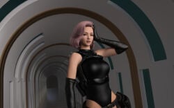 3d 3d_(artwork) armwear assassin bare_shoulders beautiful_woman cleavage_cutout dyed_hair female female_assassin female_only highres huge_breasts leaning_to_the_side mature_woman original pink_hair pink_hair_female posing rose_(vitamindddd) short_hair_female tactical_belt tagme vitamindddd