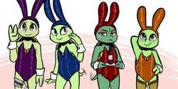 2017 anthro anus barely_visible_genitalia blue_eyes blue_nails bunny_costume chipped_shell clothed clothing colored_nails costume crossdressing donatello eyeshadow fake_ears fake_rabbit_ears freckles garter green_eyes group hand_behind_head hand_on_hip holding_object inkyfrog leonardo lineup lipstick looking_at_viewer makeup male male_only michelangelo orange_nails purple_nails raphael red_eyes red_nails reptile rosy_cheeks scalie shell shirt_cuffs standing tailwag teenage_mutant_ninja_turtles tray turtle waving wine_bottle