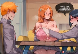 ai_generated arrogant big_breasts bleach bleach:_the_thousand-year_blood_war blush bragging breast_fondling breast_grab breasts cuckold cuckolding female hoorpy huge_breasts ichigo_kurosaki jealous male multiple_males ntr orihime_inoue uryu_ishida