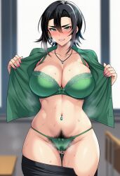 ai_generated big_breasts biting_lip blush flashing hairy_pussy mature_female milf mommy older_female original_character pubic_hair pussy_juice short_hair susan_langmeyer sweat teacher teacher_female wet