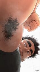 1boy abs armpit_hair armpits arms_up bara black_hair body_hair close-up hairy hairy_armpits hairy_male human human_only looking_at_viewer looking_down male male_focus male_only masculine_male muscles muscular muscular_male noga_(noga_0309) senpai_ga_uzai_kouhai_no_hanashi solo solo_focus solo_male takeda_harumi thick_eyebrows topwear sleeveless_shirt biceps big_biceps musk armpit_fetish armpit_focus pecs pectorals black_topwear black_shirt shirt manly big_muscles