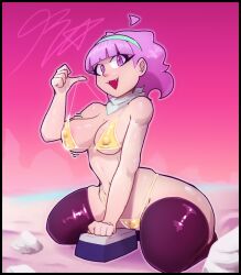 pink_hair purple_eyes rippledvoice original original_character mina_(rippledvoice) 1girls solo solo_female solo_focus female female_only breasts thick_thighs big_ass golden_bikini golden_week self_upload 2026 skindentation thigh_squish stockings beach pulling_bikini_string nipples_visible_through_clothing areolae