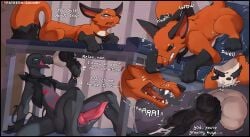 2026 4_fingers animal_genitalia animal_penis anthro anthro_on_feral balls bestiality biped black_body black_eyes black_skin black_tail blue_eyes blue_sclera blush bodily_fluids bottomless bottomless_anthro bottomless_male butt canine_genitalia canine_penis clenched_teeth clothed clothed_anthro clothed_male clothing countershade_torso countershading cum dialogue digital_drawing_(artwork) digital_media_(artwork) duo english_text erection eyes_closed eyewear feral fingers fur generation_7_pokemon generation_8_pokemon genital_fluids genitals glasses growth hand_on_penis hi_res holding_penis inari_(ssssnowy) inside knot knotted_penis lying lying_on_table male male/male male_on_anthro male_on_feral massage_table nickit nintendo on_front open_mouth orange_body orange_fur orange_tail partially_clothed partially_clothed_anthro partially_clothed_male penis pokemon pokemon_(species) salandit side_view sitting ssssnowy tail teeth text tongue zephyr_(ssssnowy)