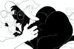 bed bedroom_eyes big_butt big_penis black_body black_fur body_worship bovid butt caprine clothing deltarune eyewear femboy fur furniture genital_worship genitals glasses goat hat headgear headwear hi_res horn kris_(deltarune) licking love_handles male male/male mammal monochrome narrowed_eyes omega80473 oral penile penis penis_worship ralsei round_glasses scarf seductive tail thick_thighs tongue undertale_(series)
