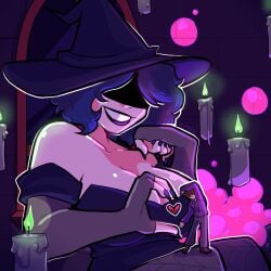 1boy 1girl 1girl1boy 1girls 2025 big_breasts blue_hair blue_nails breast_bigger_than_body breast_bigger_than_head candles commission cordelia_valentine dark_blue_lips dark_blue_lipstick dead_estate eyes_covered_by_shadow eyes_hidden gentle_giantess gentle_mommy giantess green_fire hair_covering_eye hair_over_eyes heart_hands huge_breasts macro_female micro_male mommy_dom mrmoosegts original_character painted_nails pink_bubbles shrunken_male size_difference smaller_male someone_else's_oc violet_nails witch witch_hat