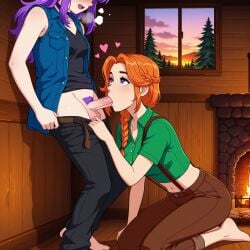 2girls abigail_(stardew_valley) ai_generated barefoot braided_ponytail choker clothed eyes_out_of_frame fellatio fireplace front_ponytail futanari hearts_around_head heavy_breathing indoors kneeling leah_(stardew_valley) looking_at_partner pants pants_down psul pubic_hair purple_eyes purple_hair self_upload smooth_balls stardew_valley sunset suspenders transfem yuri