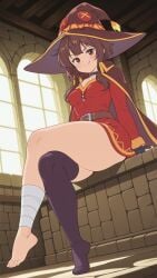 ai_assisted ai_generated bandage bandaged_leg bandages barefoot breasts brown_hair crossed_legs curvy curvy_body curvy_female feet full_body kono_subarashii_sekai_ni_shukufuku_wo! konosuba looking_at_viewer medium_breasts megumin moonwool_branch red_eyes short_hair sidelocks single_thighhigh sitting smile smiling smirk smug thick_ass thick_thighs thighhighs thighs toes uncensored witch_hat