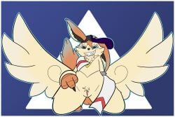 3:2 anoelotl bared_teeth baseball_cap big_ears blue_eyes border bracelet clothing digital_drawing_(artwork) digital_media_(artwork) female fur fur_tuft generation_5_pokemon genitals gesture glowing grin hand_gesture hat headgear headwear hi_res jewelry kneeling leaning leaning_backward legendary_pokemon looking_at_viewer middle_finger monotone_background mythical_pokemon necklace nintendo orange_body orange_fur orange_tail pokemon pokemon_(species) presenting presenting_vulva scarf sideways_baseball_cap simple_background smile solo tail tan_body tan_fur teeth tuft victini vulva white_border wings