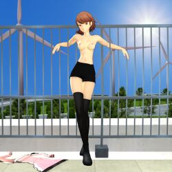 1girls atlus breasts clothes_on_floor dress_removed exhibitionism female female_only leaning_back nipples ofugh outdoors persona persona_3 public public_indecency public_nudity topless yukari_takeba