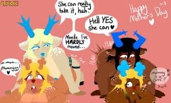 >w< ahegao anthro antlers black_hair blonde_hair blue_nipples blue_nose blush bodily_fluids braces breasts breath brown_body brown_fur carol_holiday deer deltarune dess_holiday dialogue dithering female female/female from_behind_position fur furry group hair heart_symbol holidays holly_holiday_(playdoe) horn incest incest_(lore) looking_pleasured lying mammal mommy_kink mother's_day mother_(lore) mother_and_child mother_and_child_(lore) mother_and_daughter new_world_deer nipples noelle_holiday on_front pale_fur parent_(lore) parent_and_child_(lore) penetration piercing plap playdoe prone_bone_position red_nose reindeer sex sibling_(lore) simple_background sister_(lore) sisters_(lore) spots strapon sweat thought_bubble tongue tongue_out trans_(lore) trans_woman_(lore) undertale_(series)