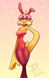 adele_(kamikazelrp) ahoge blush blush_lines blushing bunny_ears eyelashes leotard oc path_(kamikazelrp) pink_eyes pink_hair playboy_bunny simple_background slime slime_girl twitter_user_oc two-tone_hair yellow_body yellow_hair