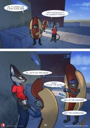 2017 animal_genitalia anthro balls brother brother_and_sister canine comic digital_media_(artwork) english_text female fox fully_sheathed hotdog_costume khalo_(jelomaus) male mammal ratcha_(artist) rick_(ratcha) rina_(ratcha) sheath sibling sister tetton text