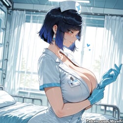 curvaceous curvaceous_female curvaceous_figure curvy curvy_body curvy_female curvy_figure curvy_hips female thick ai_generated uncensored miyuai voluptuous voluptuous_body voluptuous_female yelan_(genshin_impact) genshin_impact nurse nurse_cap nurse_uniform nurse_hat nurse_clothing breasts 1girl hat gloves bangs curtains cleavage indoors short_hair window rating:safe collared_dress blush closed_mouth smile jewelry heart earrings eyebrows_visible_through_hair short_sleeves mole_on_breast collarbone blue_hair side_view putting_on_gloves hearts hospital