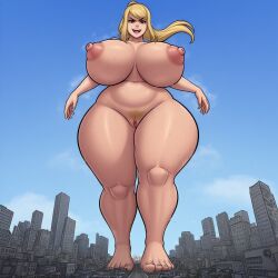nude light-skinned_female samus_aran pussy sweaty_body giantess pixai blonde_hair ponytail ai_generated city stomping destruction evil_face sadistic barefoot