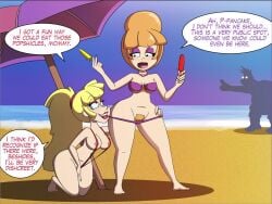 1boy 2girls beach bikini bikini_pull blonde blonde_female blonde_hair breasts charlotte_cross choker dialogue female glasses hairy_pussy half_naked jamie_kulp light-skinned_female light_skin long_hair long_ponytail male milf monkeycheese mother_and_daughter nipples nora_cross nude nude_female older_female_and_younger_female pale-skinned_female pale_skin ponytail popsicle popsicle_melting pubic_hair public_exposure public_indecency purple_bikini purple_eyeshadow pussy shadowy_figure sillouette sling_bikini unshaved_pussy