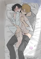 2boys anal arataka_reigen bed blush condom leg_lift lying male mob_psycho_100 multiple_boys penetration sex shigeo_kageyama socks student tamahyunhyun teacher yaoi