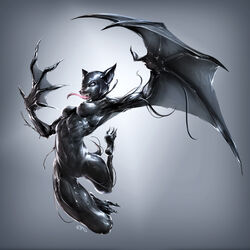 2017 anthro bat bodysuit breasts claws clothing female flying geckzgo human living_suit looking_at_viewer mammal membranous_wings nipples open_mouth pussy rubber simple_background skinsuit solo suit suit_transformation symbiote tight_clothing toe_claws tongue transformation winged_arms wings