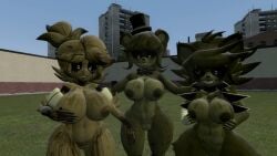 3girls grinning nipple_piercing black_jacket image phantom_frenni phantom_fexa phantom_chiku holding_breasts hand_on_thigh garry's_mod